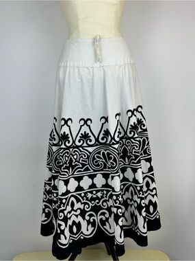 Ashley Stewart Black & White Maxi Skirt with Ornate Border Print